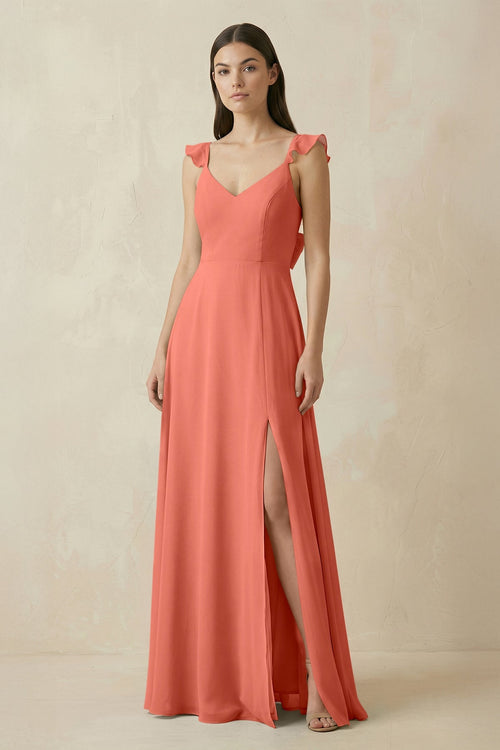 Ruffled Sleeve A - Line Chiffon Bridesmaid Dress in Wild Rose - KissProm Bridesmaid Dresses