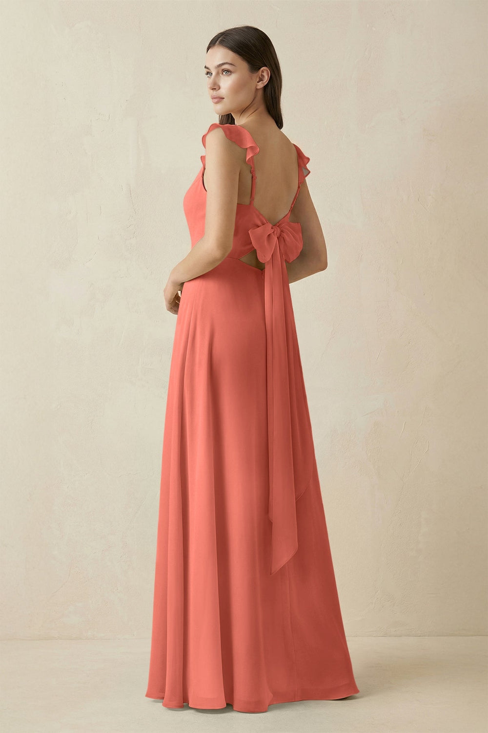 Ruffled Sleeve A - Line Chiffon Bridesmaid Dress in Wild Rose - KissProm Bridesmaid Dresses