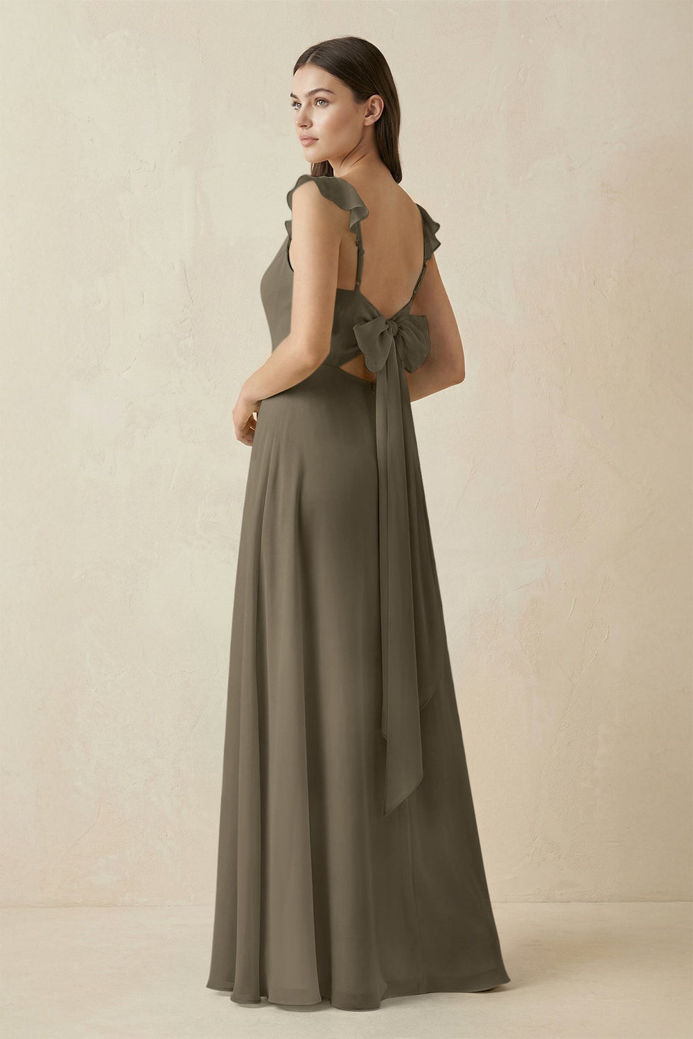 Ruffled Sleeve A - Line Chiffon Bridesmaid Dress in Willow Green - KissProm Bridesmaid Dresses