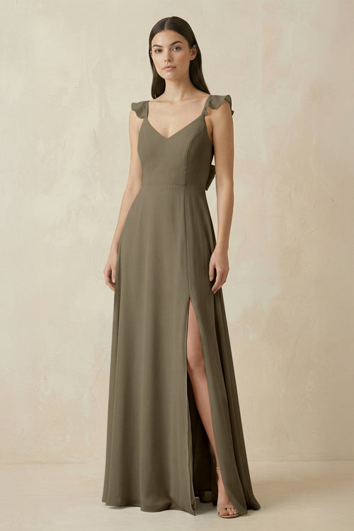 KissProm Ruffled Sleeve A-Line Chiffon Bridesmaid Dress in Willow Green, Willow Green / 20