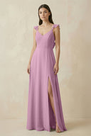 Ruffled Sleeve A - Line Chiffon Bridesmaid Dress in Wisteria - KissProm Bridesmaid Dresses