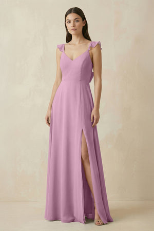 Ruffled Sleeve A - Line Chiffon Bridesmaid Dress in Wisteria - KissProm Bridesmaid Dresses