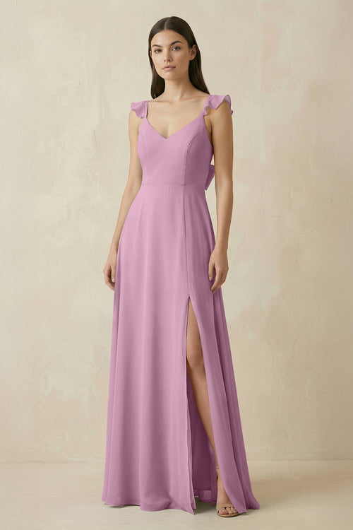 Ruffled Sleeve A - Line Chiffon Bridesmaid Dress in Wisteria - KissProm Bridesmaid Dresses