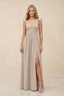 Ruffled Sleeve A - Line Corset Chiffon Bridesmaid Dress in Almond - KissProm Bridesmaid Dresses