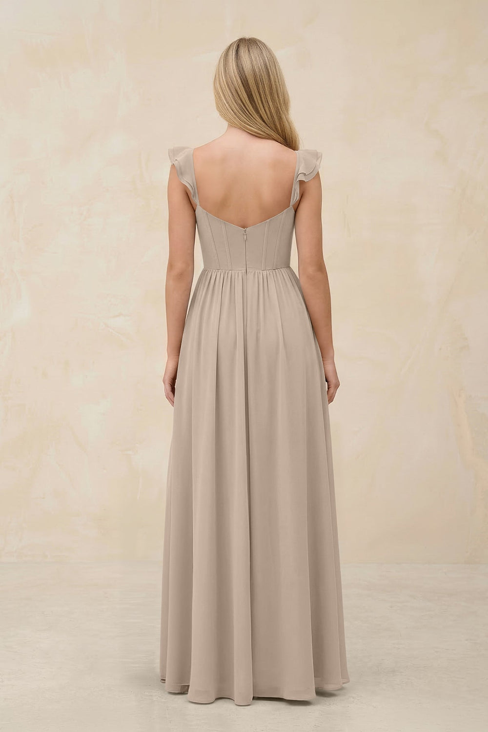 Ruffled Sleeve A - Line Corset Chiffon Bridesmaid Dress in Almond - KissProm Bridesmaid Dresses