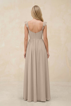 Ruffled Sleeve A - Line Corset Chiffon Bridesmaid Dress in Almond - KissProm Bridesmaid Dresses
