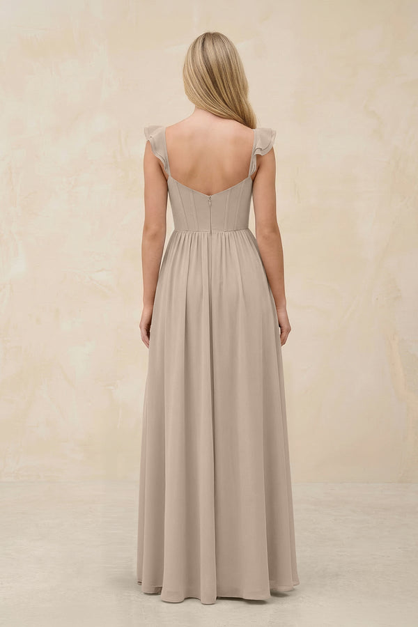 Ruffled Sleeve A - Line Corset Chiffon Bridesmaid Dress in Almond - KissProm Bridesmaid Dresses