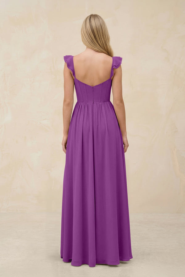 Ruffled Sleeve A - Line Corset Chiffon Bridesmaid Dress in Amethyst - KissProm Bridesmaid Dresses