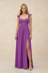 Ruffled Sleeve A - Line Corset Chiffon Bridesmaid Dress in Amethyst - KissProm Bridesmaid Dresses