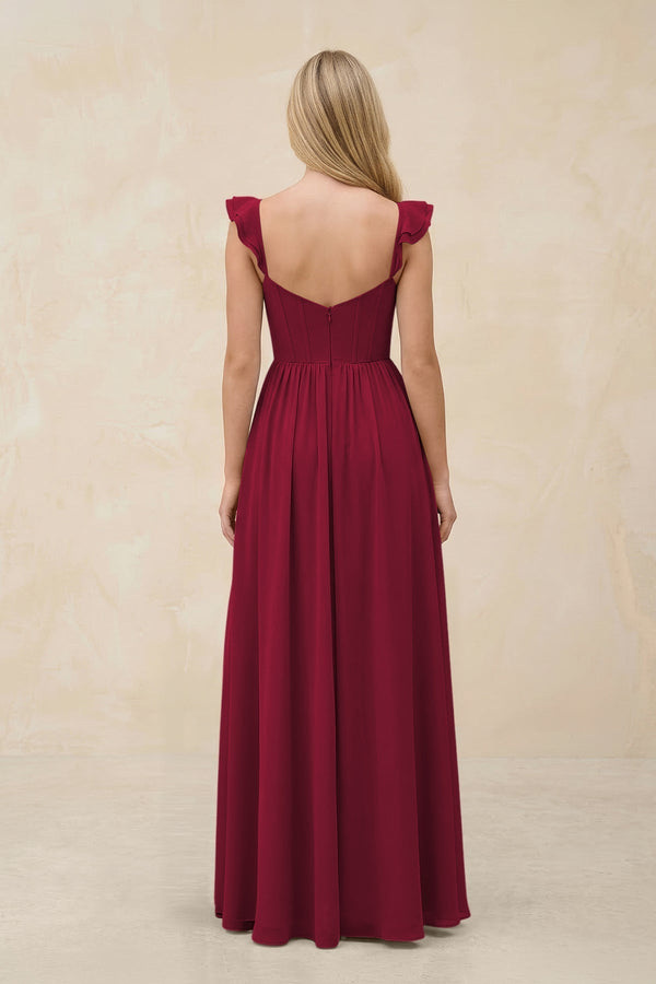 Ruffled Sleeve A - Line Corset Chiffon Bridesmaid Dress in Berry - KissProm Bridesmaid Dresses