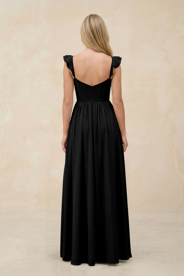 Ruffled Sleeve A - Line Corset Chiffon Bridesmaid Dress in Black - KissProm Bridesmaid Dresses