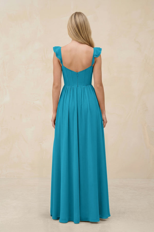 Ruffled Sleeve A - Line Corset Chiffon Bridesmaid Dress in Blue Jay - KissProm Bridesmaid Dresses