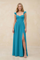 Ruffled Sleeve A - Line Corset Chiffon Bridesmaid Dress in Blue Jay - KissProm Bridesmaid Dresses