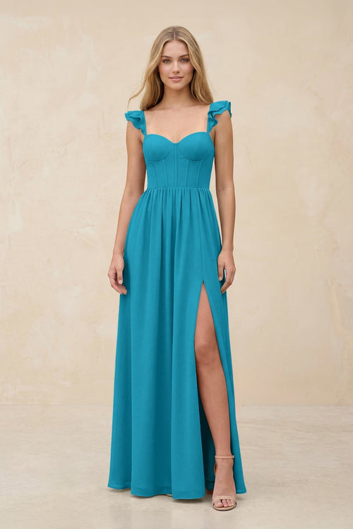 Ruffled Sleeve A - Line Corset Chiffon Bridesmaid Dress in Blue Jay - KissProm Bridesmaid Dresses