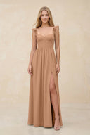 Ruffled Sleeve A - Line Corset Chiffon Bridesmaid Dress in Bronzer - KissProm Bridesmaid Dresses