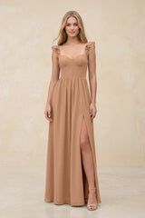 Ruffled Sleeve A - Line Corset Chiffon Bridesmaid Dress in Bronzer - KissProm Bridesmaid Dresses