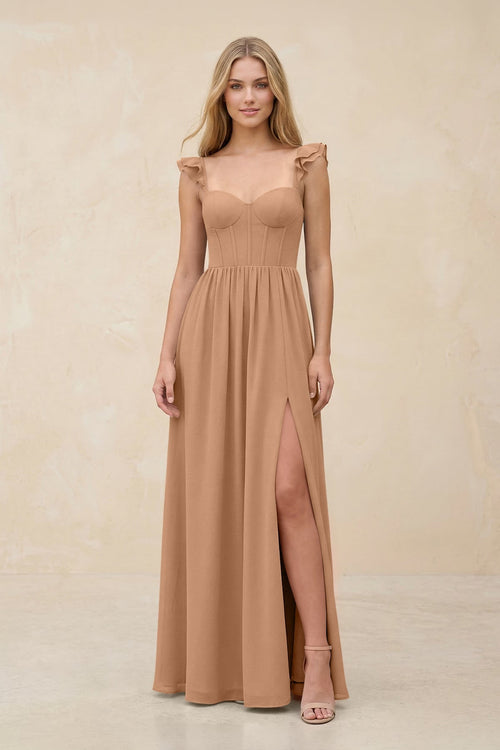 Ruffled Sleeve A - Line Corset Chiffon Bridesmaid Dress in Bronzer - KissProm Bridesmaid Dresses