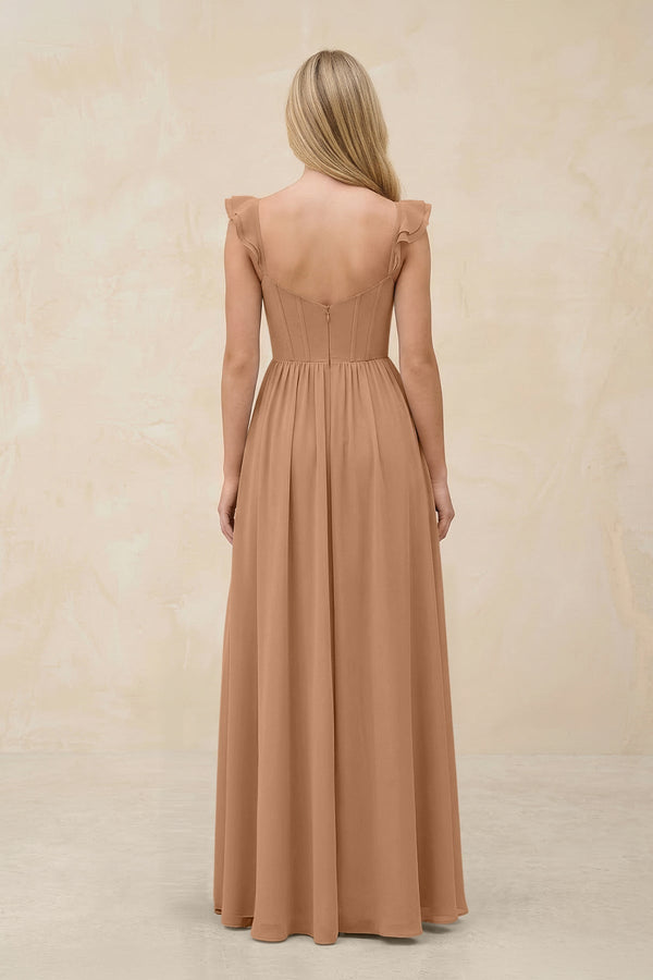 Ruffled Sleeve A - Line Corset Chiffon Bridesmaid Dress in Bronzer - KissProm Bridesmaid Dresses