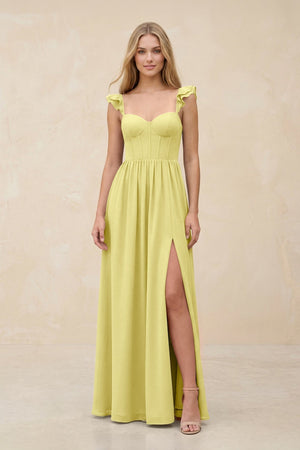 Ruffled Sleeve A - Line Corset Chiffon Bridesmaid Dress in Buttercup - KissProm Bridesmaid Dresses