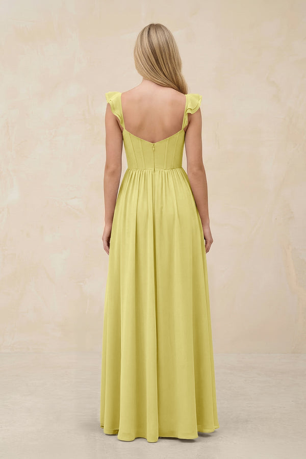 Ruffled Sleeve A - Line Corset Chiffon Bridesmaid Dress in Buttercup - KissProm Bridesmaid Dresses