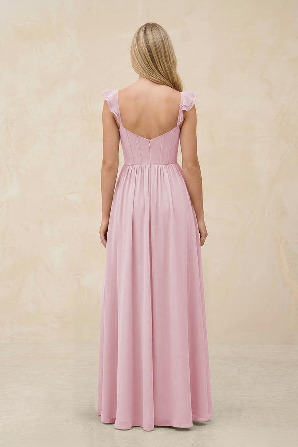 Ruffled Sleeve A - Line Corset Chiffon Bridesmaid Dress in Candy Pink - KissProm Bridesmaid Dresses