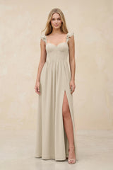 Ruffled Sleeve A - Line Corset Chiffon Bridesmaid Dress in Champagne - KissProm Bridesmaid Dresses