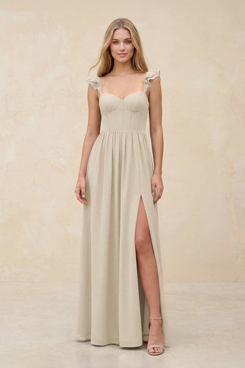 Ruffled Sleeve A - Line Corset Chiffon Bridesmaid Dress in Champagne - KissProm Bridesmaid Dresses