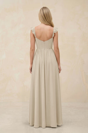 Ruffled Sleeve A - Line Corset Chiffon Bridesmaid Dress in Champagne - KissProm Bridesmaid Dresses