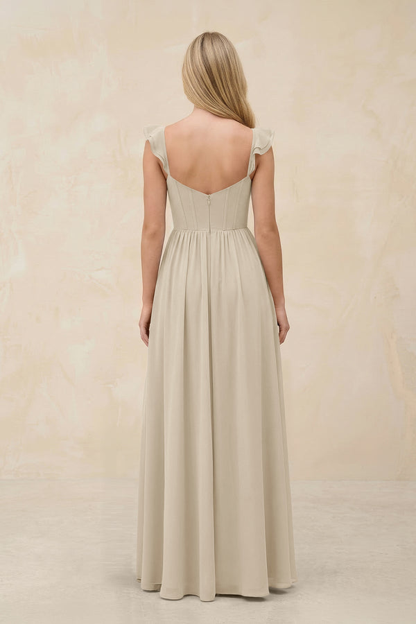 Ruffled Sleeve A - Line Corset Chiffon Bridesmaid Dress in Champagne - KissProm Bridesmaid Dresses