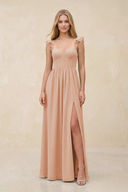 Ruffled Sleeve A - Line Corset Chiffon Bridesmaid Dress in Champagne Rose - KissProm Bridesmaid Dresses