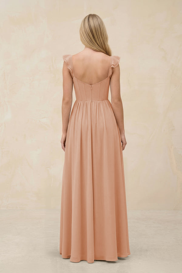 Ruffled Sleeve A - Line Corset Chiffon Bridesmaid Dress in Champagne Rose - KissProm Bridesmaid Dresses