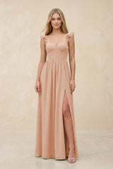 Ruffled Sleeve A - Line Corset Chiffon Bridesmaid Dress in Champagne Rose - KissProm Bridesmaid Dresses
