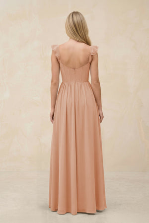Ruffled Sleeve A - Line Corset Chiffon Bridesmaid Dress in Champagne Rose - KissProm Bridesmaid Dresses