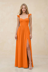 Ruffled Sleeve A - Line Corset Chiffon Bridesmaid Dress in Cinnamon - KissProm Bridesmaid Dresses
