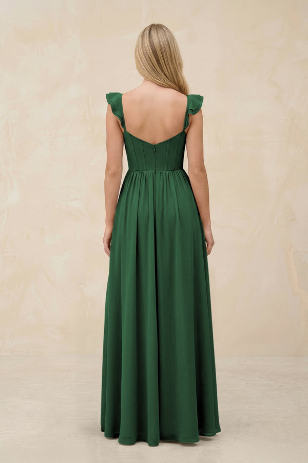 Ruffled Sleeve A - Line Corset Chiffon Bridesmaid Dress in Dark Green - KissProm Bridesmaid Dresses