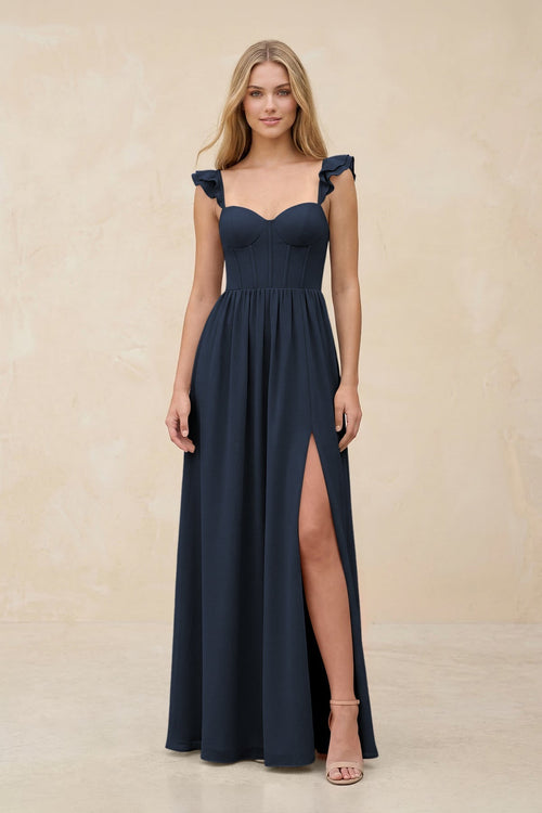 Ruffled Sleeve A - Line Corset Chiffon Bridesmaid Dress in Dark Navy - KissProm Bridesmaid Dresses