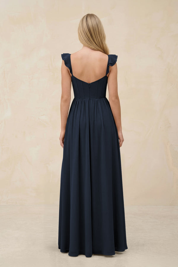 Ruffled Sleeve A - Line Corset Chiffon Bridesmaid Dress in Dark Navy - KissProm Bridesmaid Dresses