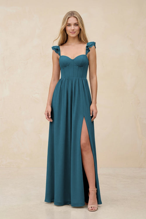 Ruffled Sleeve A - Line Corset Chiffon Bridesmaid Dress in Dark Teal - KissProm Bridesmaid Dresses