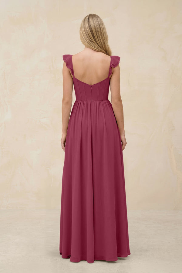 Ruffled Sleeve A - Line Corset Chiffon Bridesmaid Dress in Desert Rose - KissProm Bridesmaid Dresses