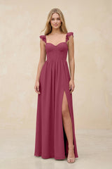 Ruffled Sleeve A - Line Corset Chiffon Bridesmaid Dress in Desert Rose - KissProm Bridesmaid Dresses
