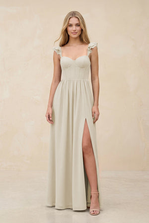 Ruffled Sleeve A - Line Corset Chiffon Bridesmaid Dress in Dove Gray - KissProm Bridesmaid Dresses