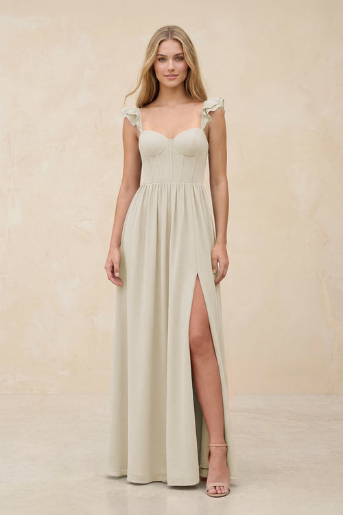 Ruffled Sleeve A - Line Corset Chiffon Bridesmaid Dress in Dove Gray - KissProm Bridesmaid Dresses