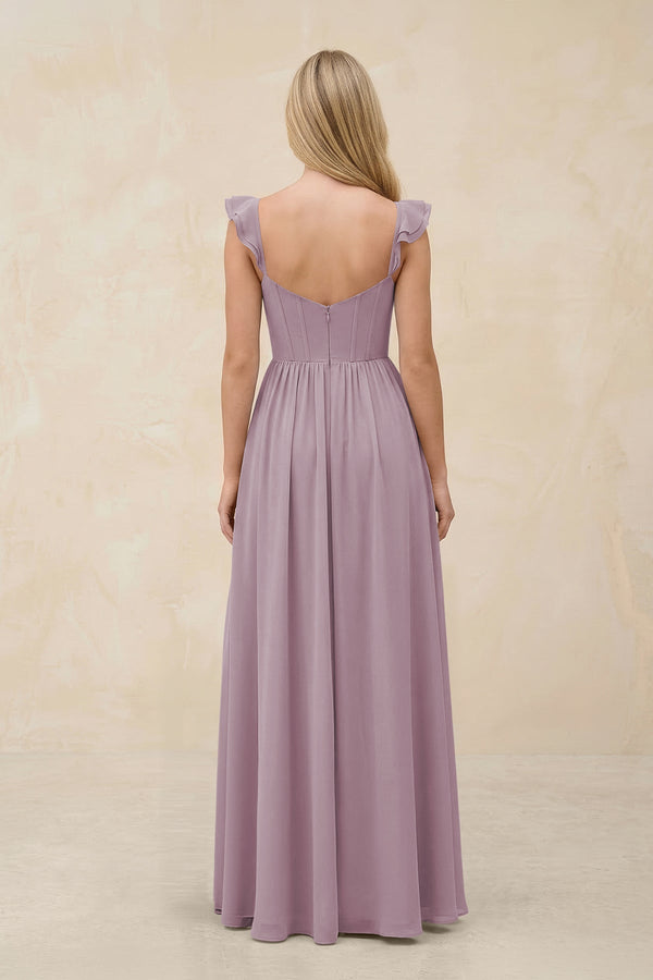Ruffled Sleeve A - Line Corset Chiffon Bridesmaid Dress in Dusk - KissProm Bridesmaid Dresses
