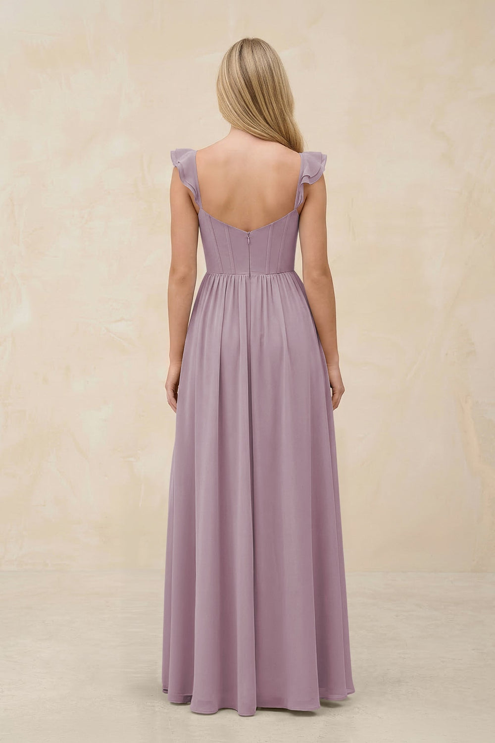 Ruffled Sleeve A - Line Corset Chiffon Bridesmaid Dress in Dusk - KissProm Bridesmaid Dresses
