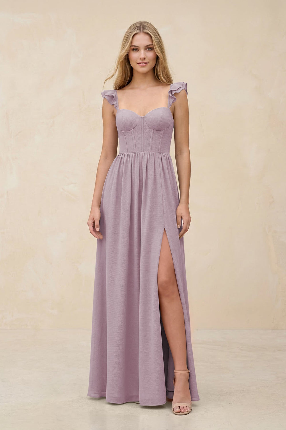 Ruffled Sleeve A - Line Corset Chiffon Bridesmaid Dress in Dusk - KissProm Bridesmaid Dresses