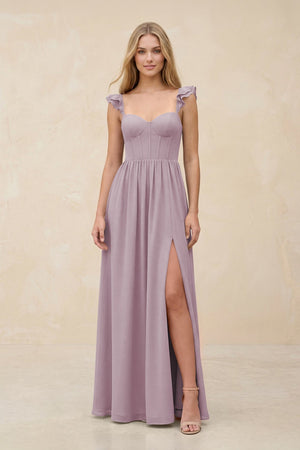 Ruffled Sleeve A - Line Corset Chiffon Bridesmaid Dress in Dusk - KissProm Bridesmaid Dresses