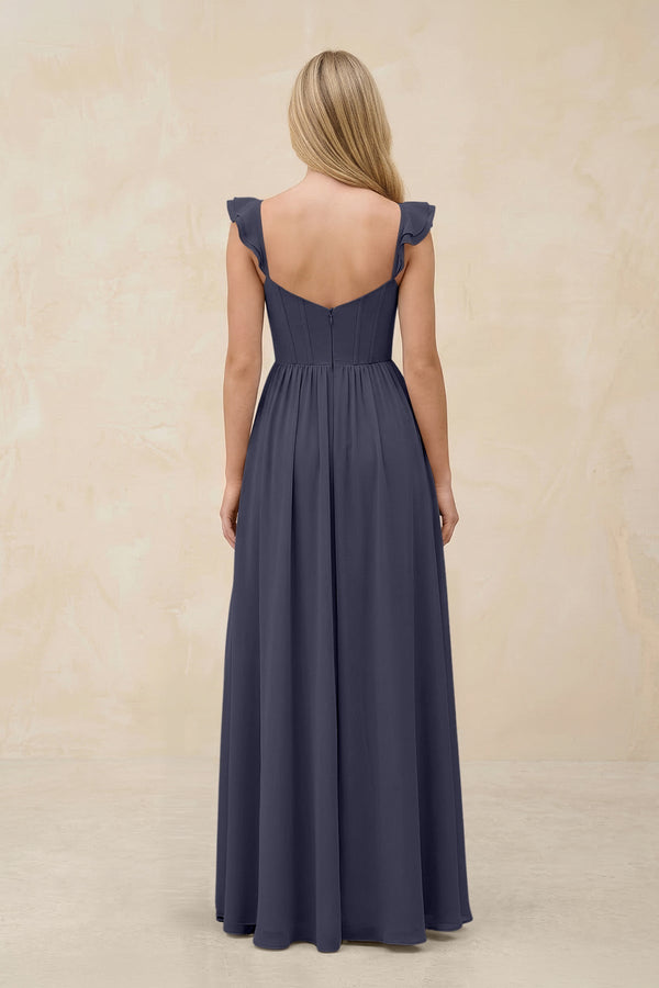 Ruffled Sleeve A - Line Corset Chiffon Bridesmaid Dress in Dusk Blue - KissProm Bridesmaid Dresses