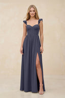 Ruffled Sleeve A - Line Corset Chiffon Bridesmaid Dress in Dusk Blue - KissProm Bridesmaid Dresses
