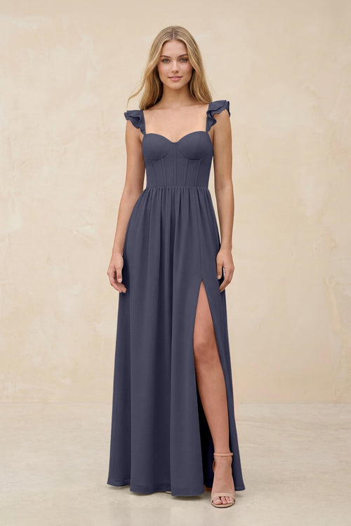 Ruffled Sleeve A - Line Corset Chiffon Bridesmaid Dress in Dusk Blue - KissProm Bridesmaid Dresses