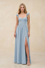 Ruffled Sleeve A - Line Corset Chiffon Bridesmaid Dress in Dusty Blue - KissProm Bridesmaid Dresses